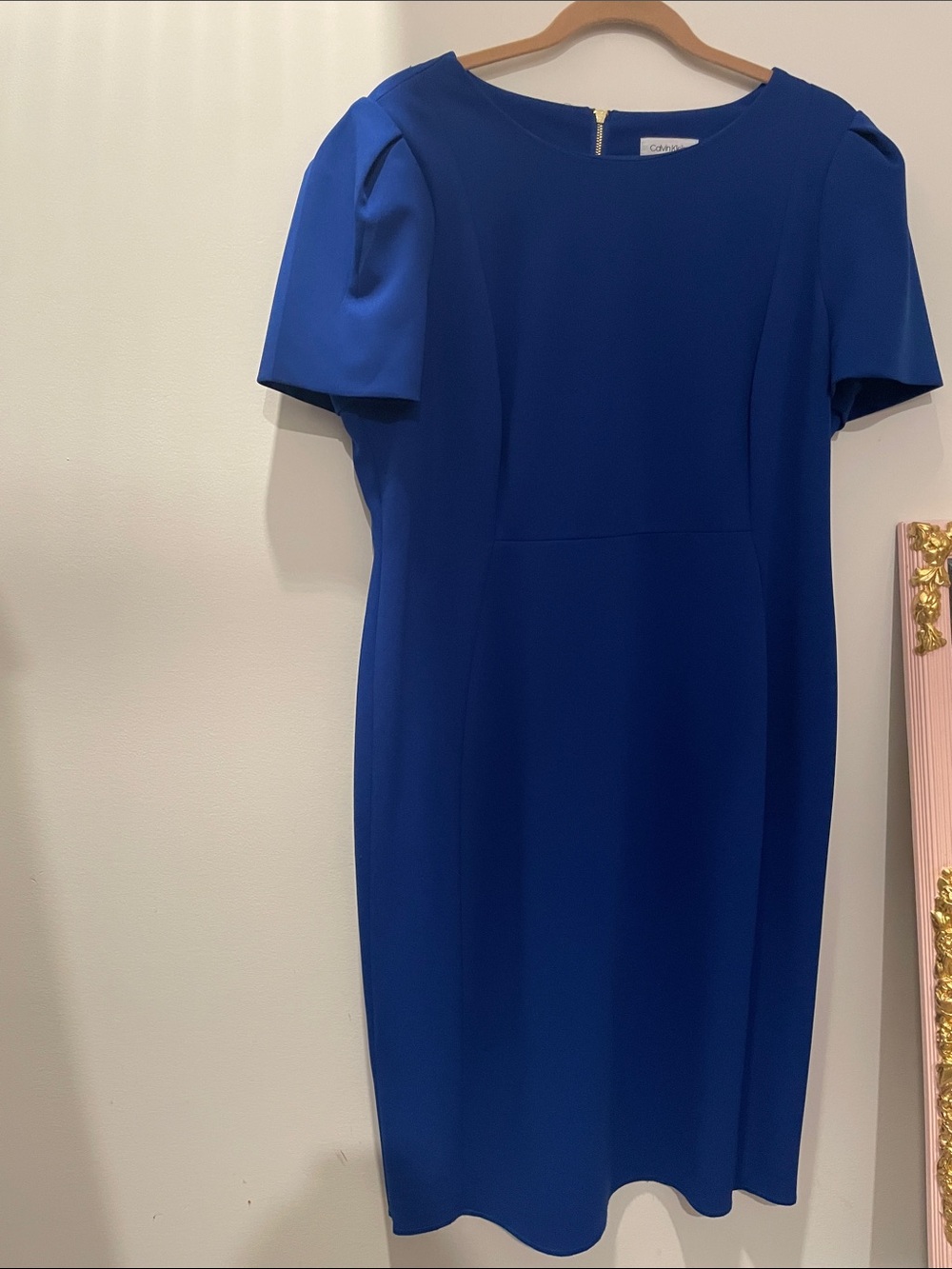 Calvin Klein Royal Blue Midi Sheath Dress with Short Sleeves